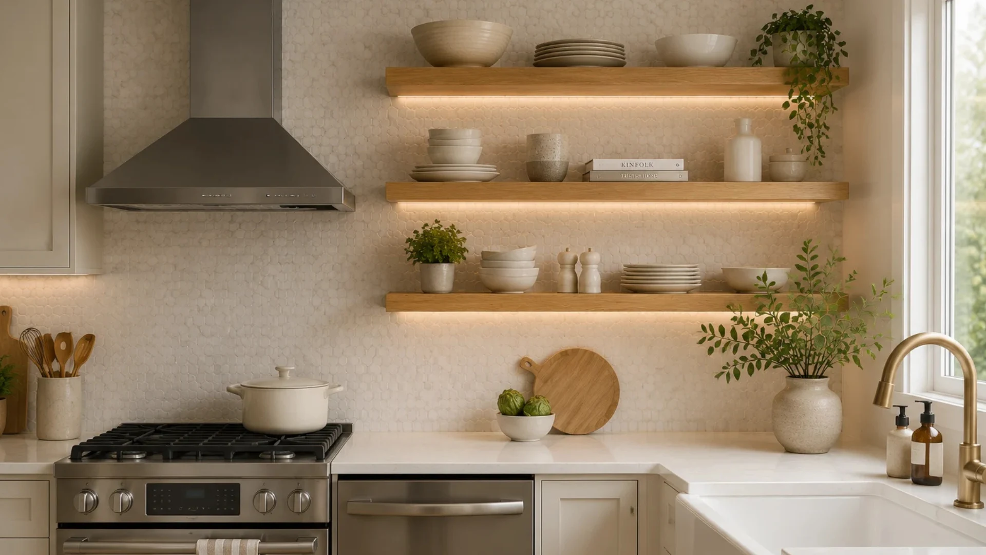 Sectional kitchen shelving with warm wood floating shelves, ceramic dishes, plants, and a modern stove area in a bright minimalist kitchen.