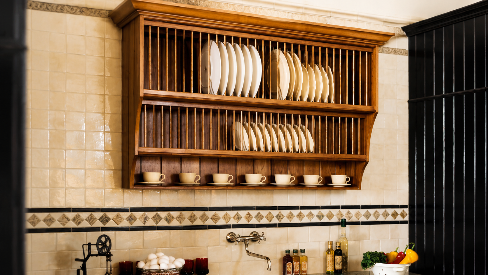 Wooden vertical plate rack open shelves displaying white plates and cups in a traditional tiled kitchen.