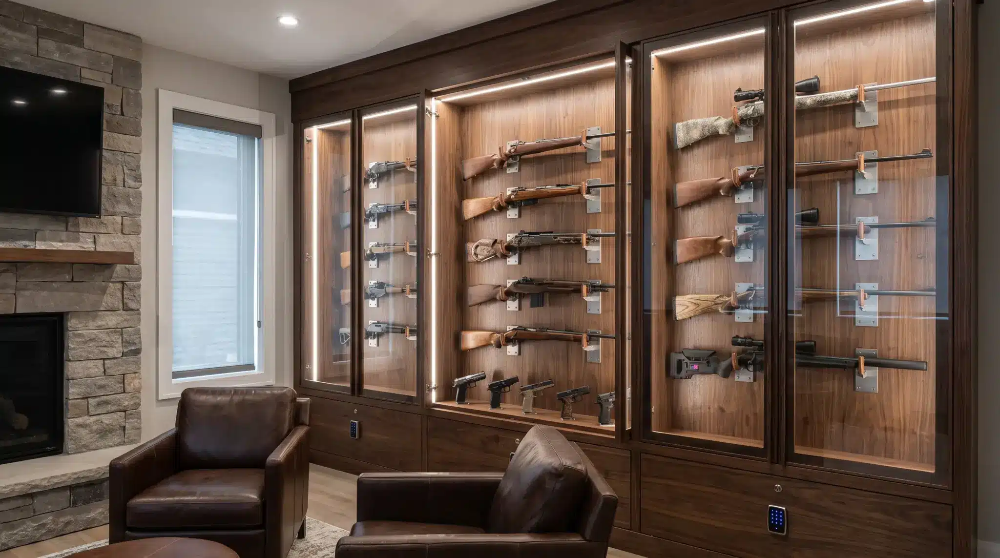 Secure gun display wall with lockable mounts and neatly arranged firearms in a modern room.