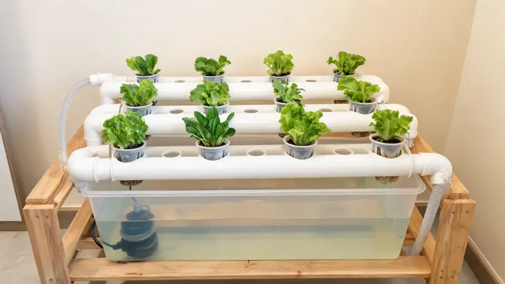 diy hydroponic system with pvc pipes, leafy plants, water reservoir, and visible growing channels in a home setup