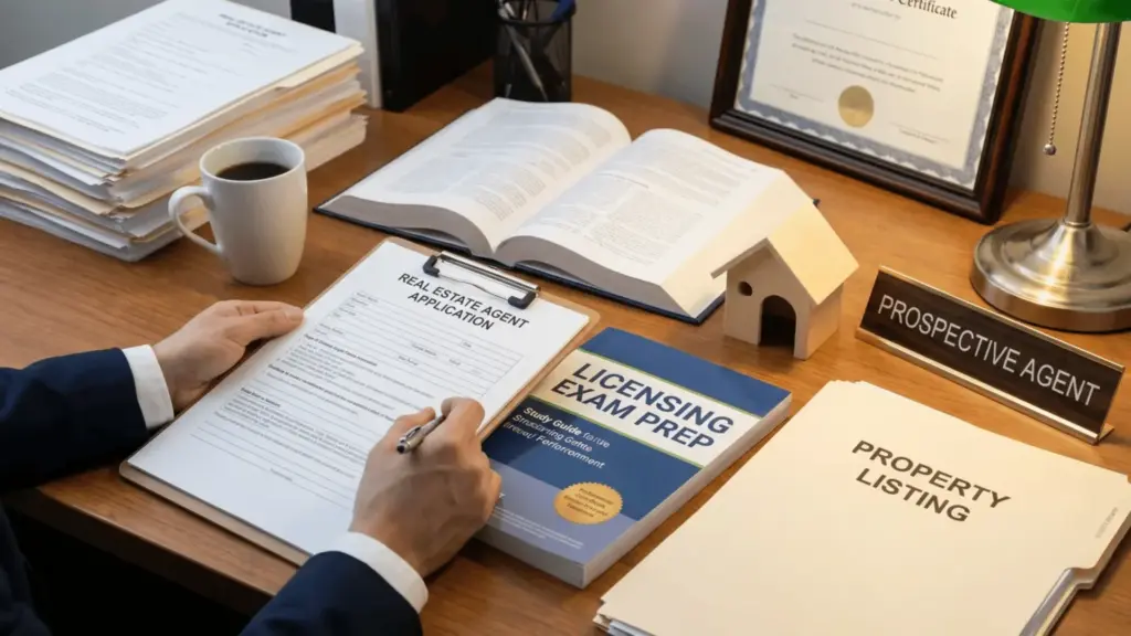 Real estate licensing documents, property folder, and house model on a desk for agent certification process