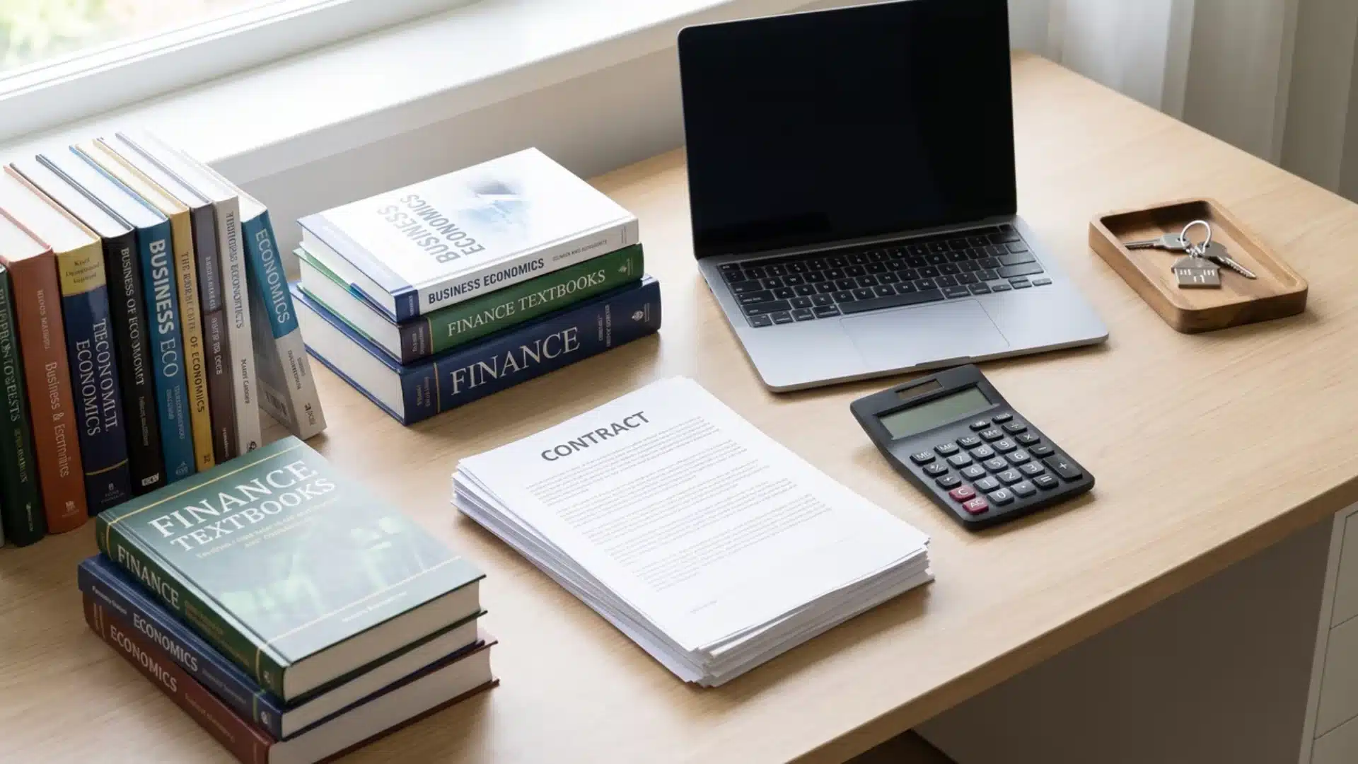 desk with books calculator laptop papers and real estate keys arranged in groups