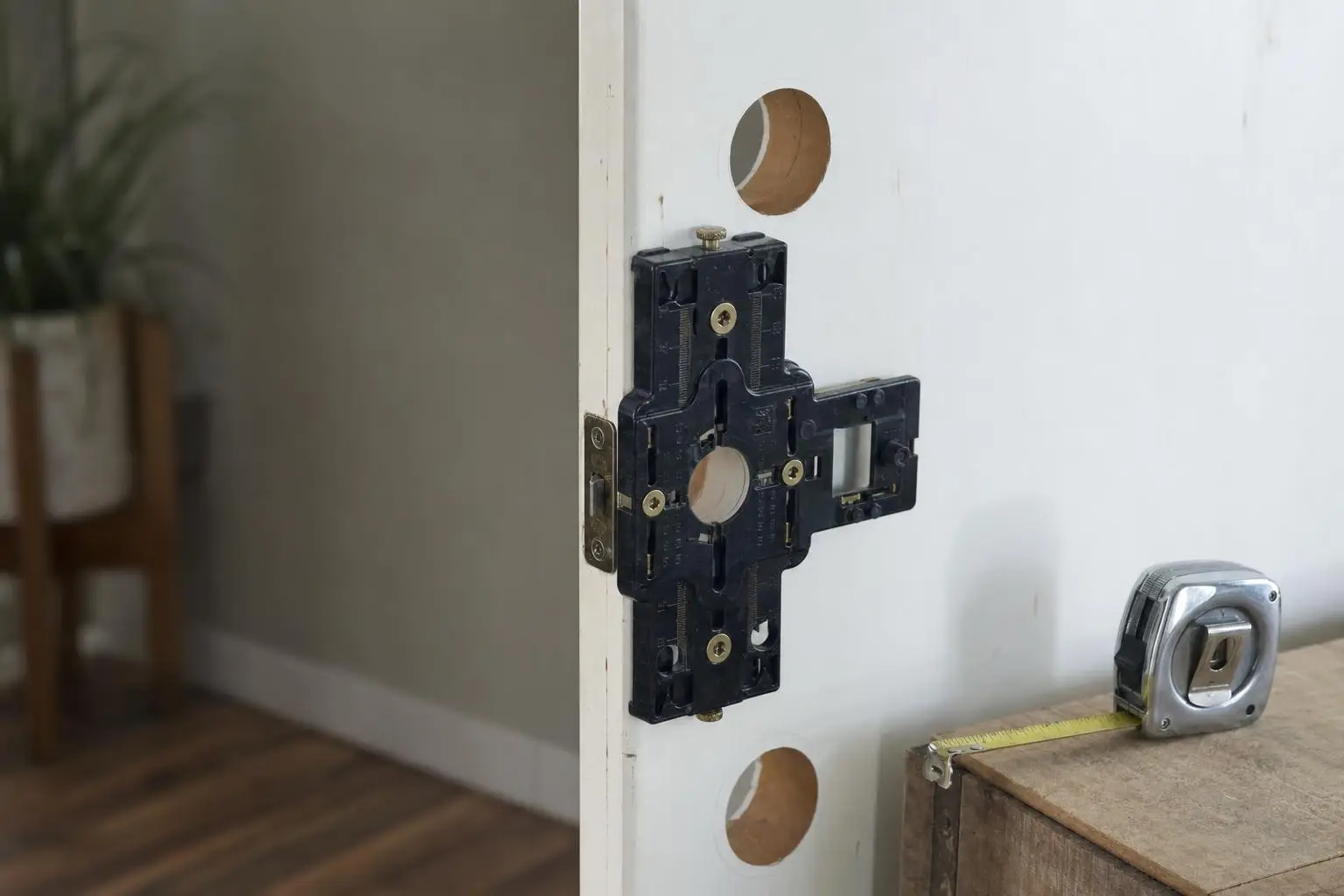 Door with latch installation tool and tape measure on wooden surface indoors