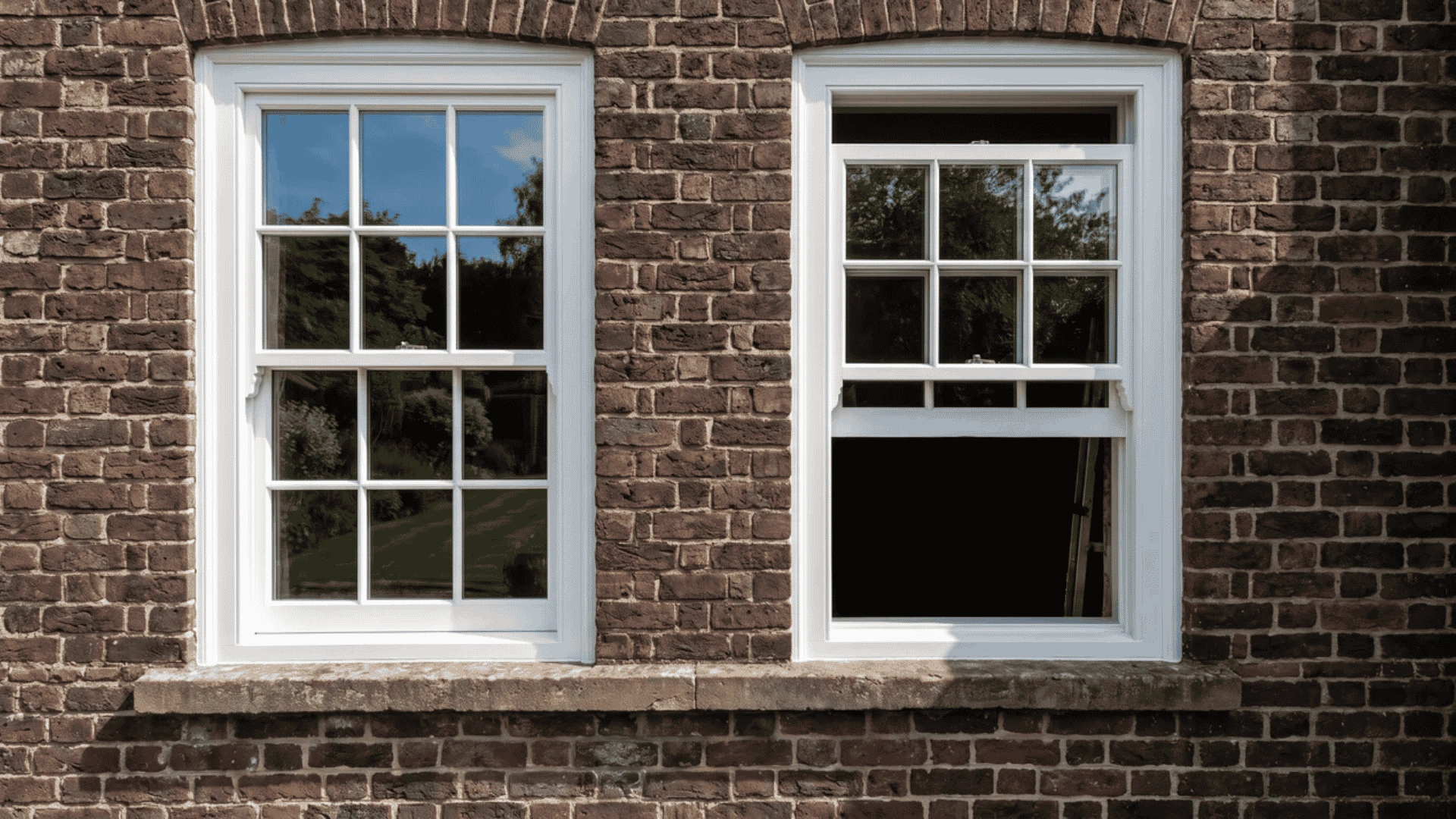 White double-hung windows installed on a brick exterior wall