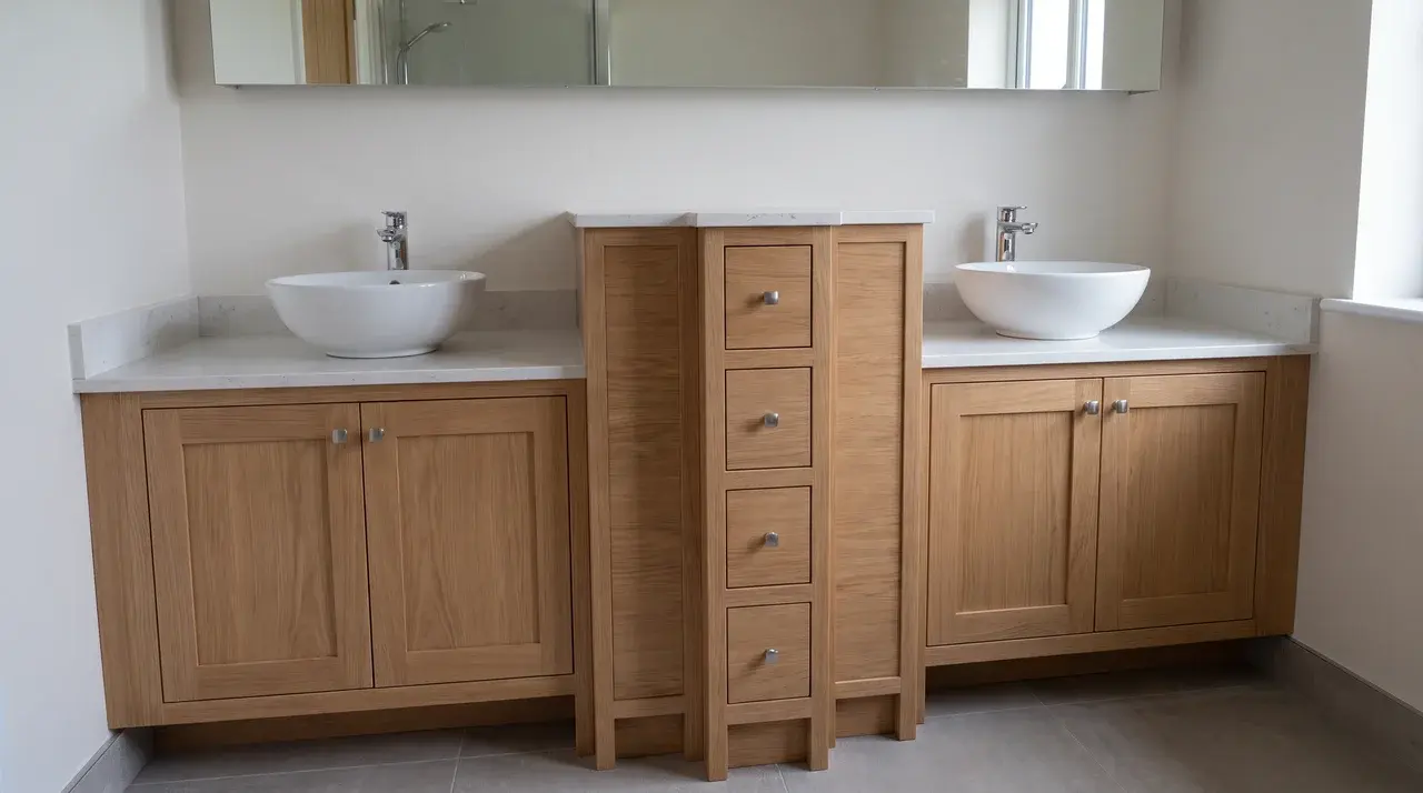 Two sink cabinets with a narrower drawer tower positioned between them