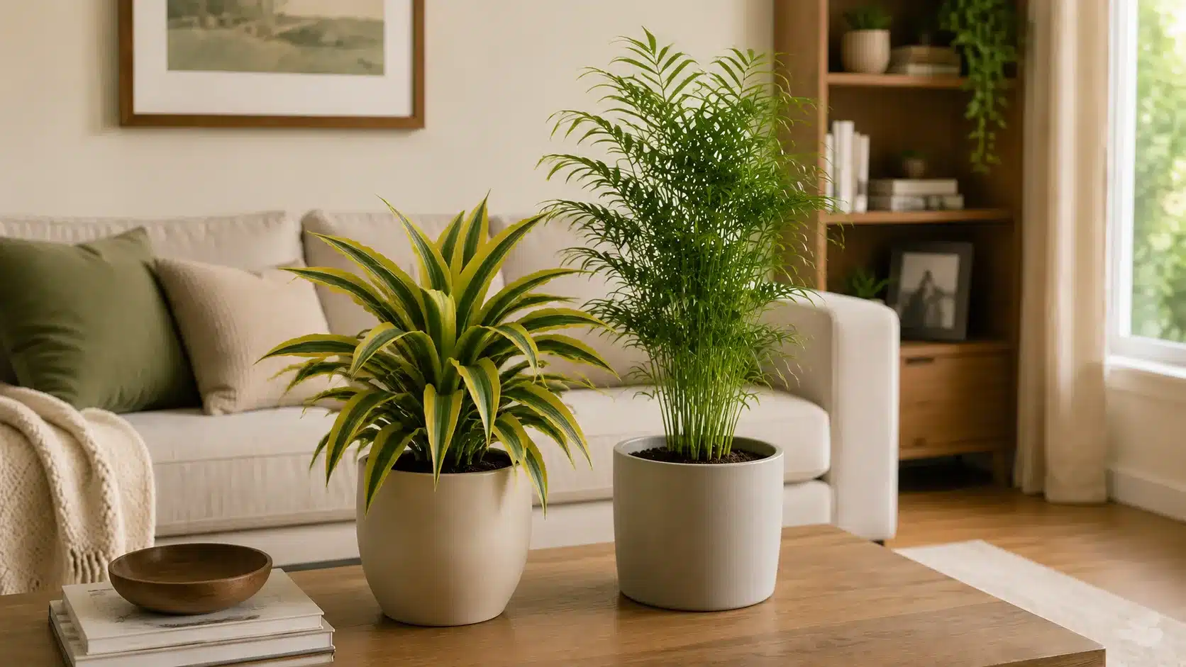 Dracaena and parlor palm houseplants displayed together on a wooden table