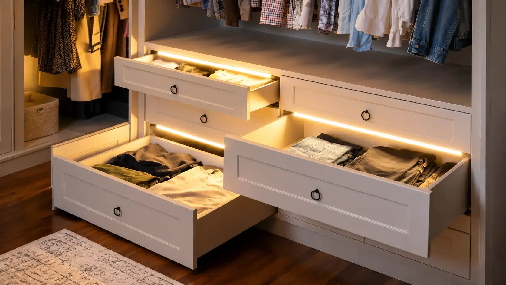 Open drawers in a modern closet reveal neatly folded clothes, lit by warm LED strip lighting that highlights a soft, ambient glow.