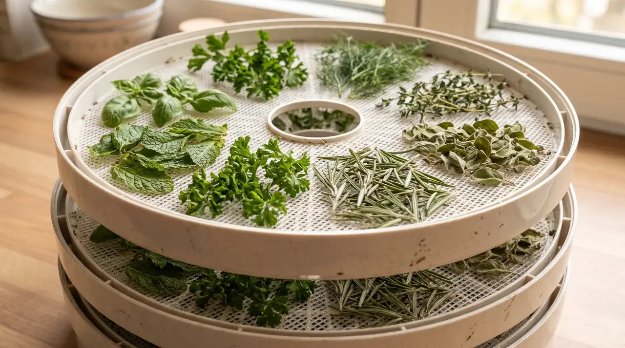 Fresh basil, mint, parsley, dill, rosemary, thyme, and oregano leaves drying in single layers on a mesh dehydrator tray.