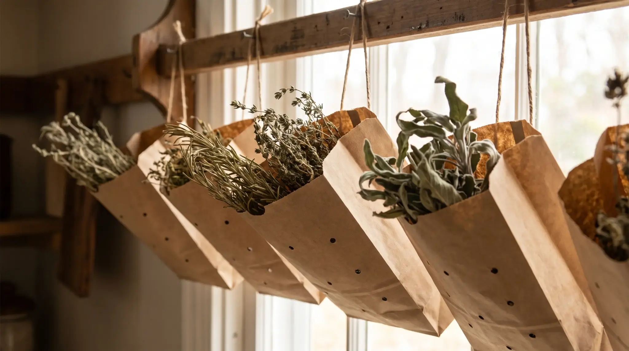 Paper bags with herb bundles hanging upside down for natural drying in a kitchen.
