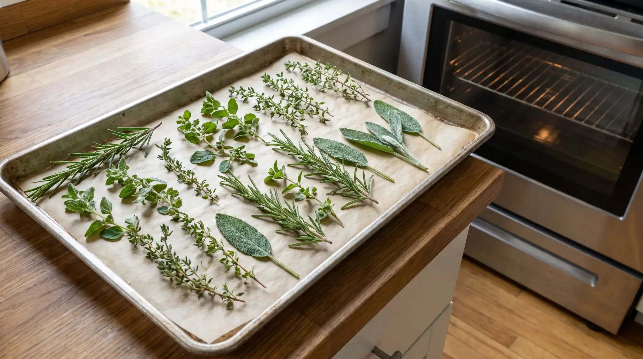 Fresh herbs spread on a baking sheet ready for oven drying in a kitchen.