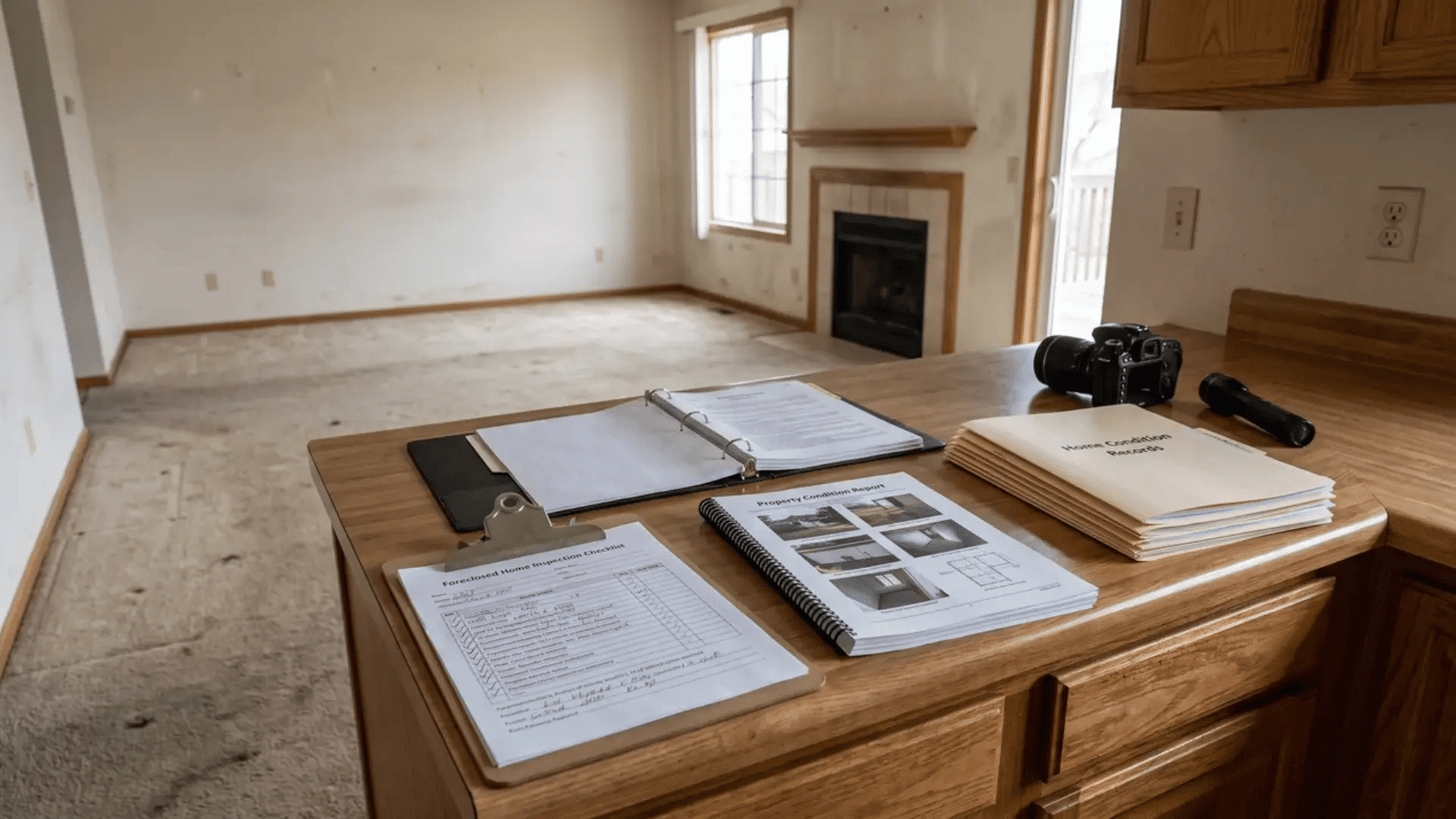 Home inspection checklist and property report inside a vacant house