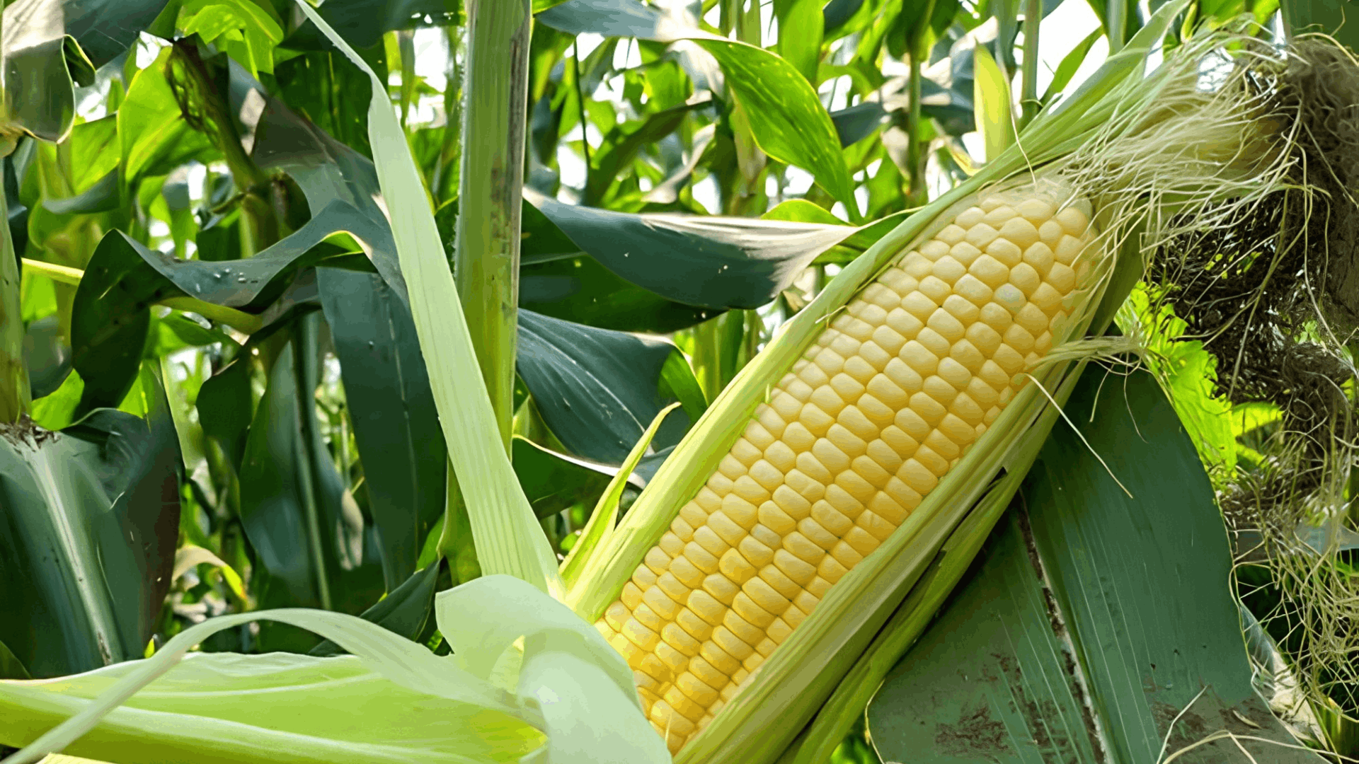 ear of yellow corn growing on a healthy stalk with green husks partially peeled back revealing ripe kernels in the field (1)