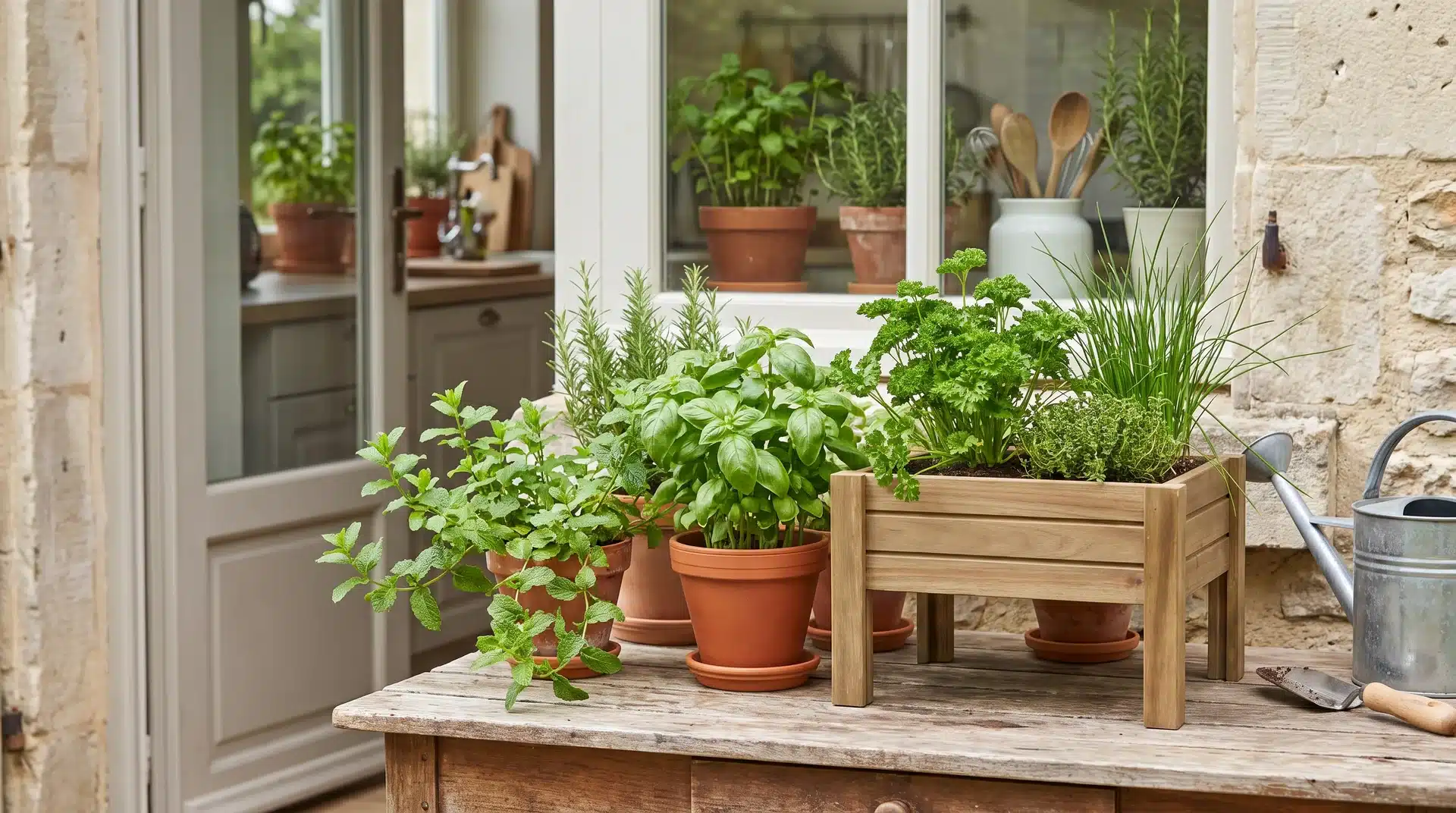 Small kitchen herb garden with basil, mint, parsley, and chives growing together
