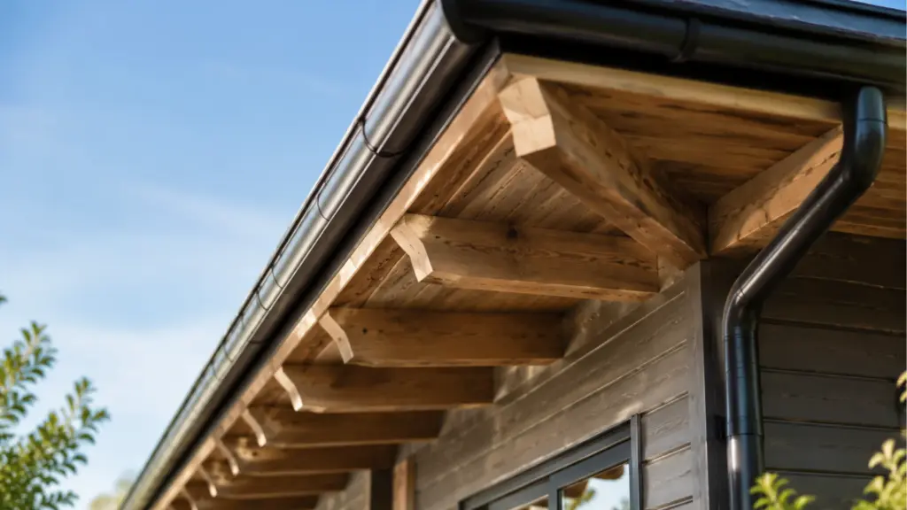 Eaves of a House: Parts, Types, and Importance Wooden house eaves with exposed rafters, dark gutters, and a downspout against a clear blue sky.
