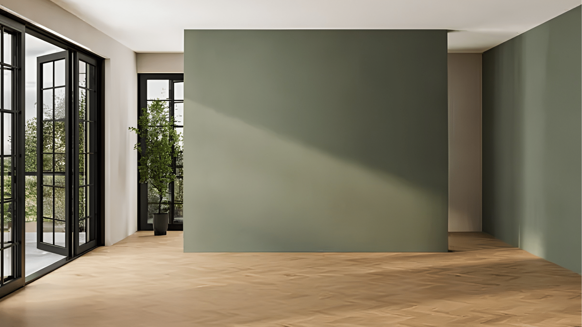 empty modern room with green accent walls large windows and natural light on wooden flooring