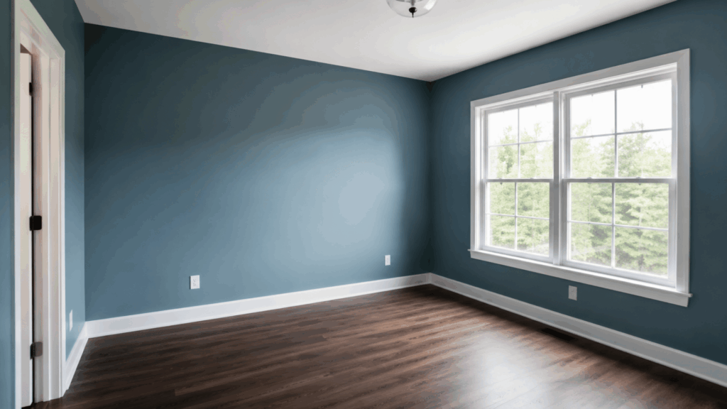 empty room with blue walls dark wood flooring and two large windows letting in natural light with trees visible outside