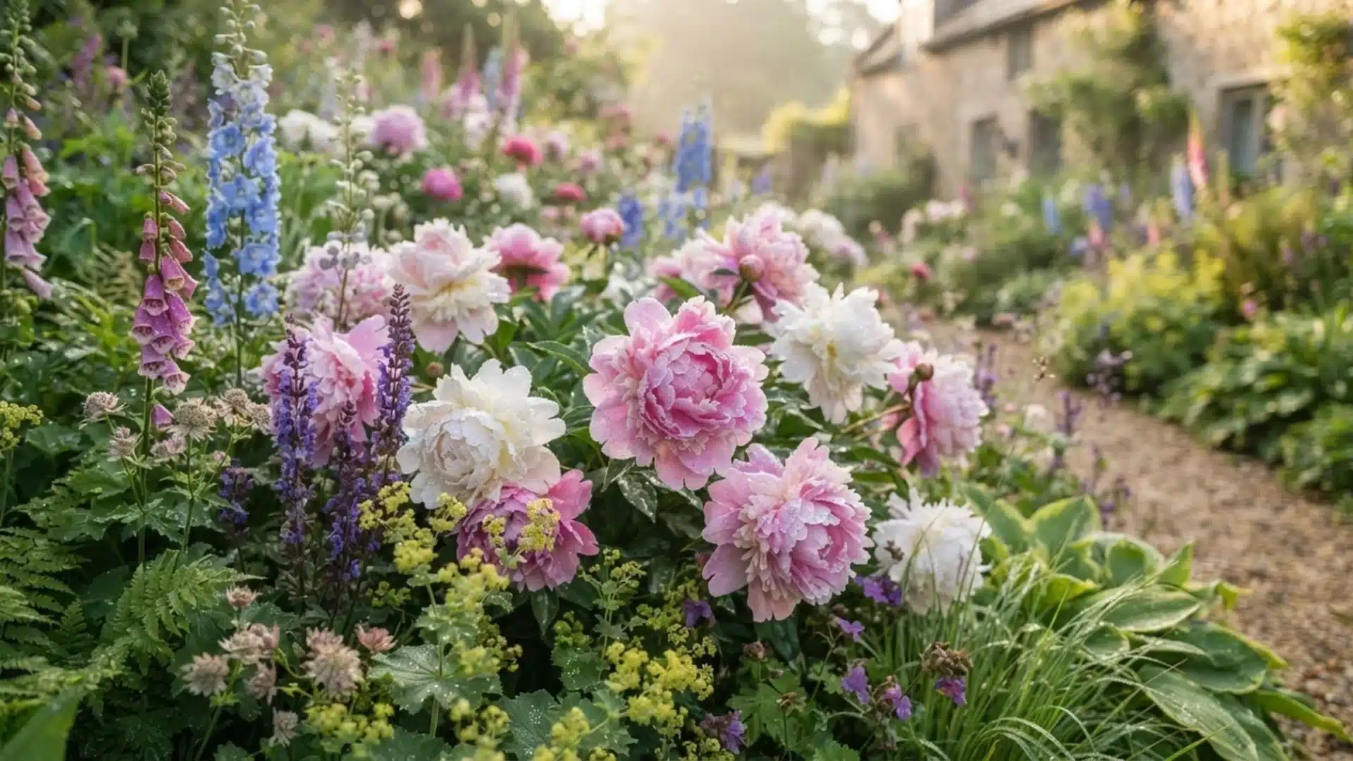 Blooming pink peonies and tall purple foxgloves in a lush English cottage garden