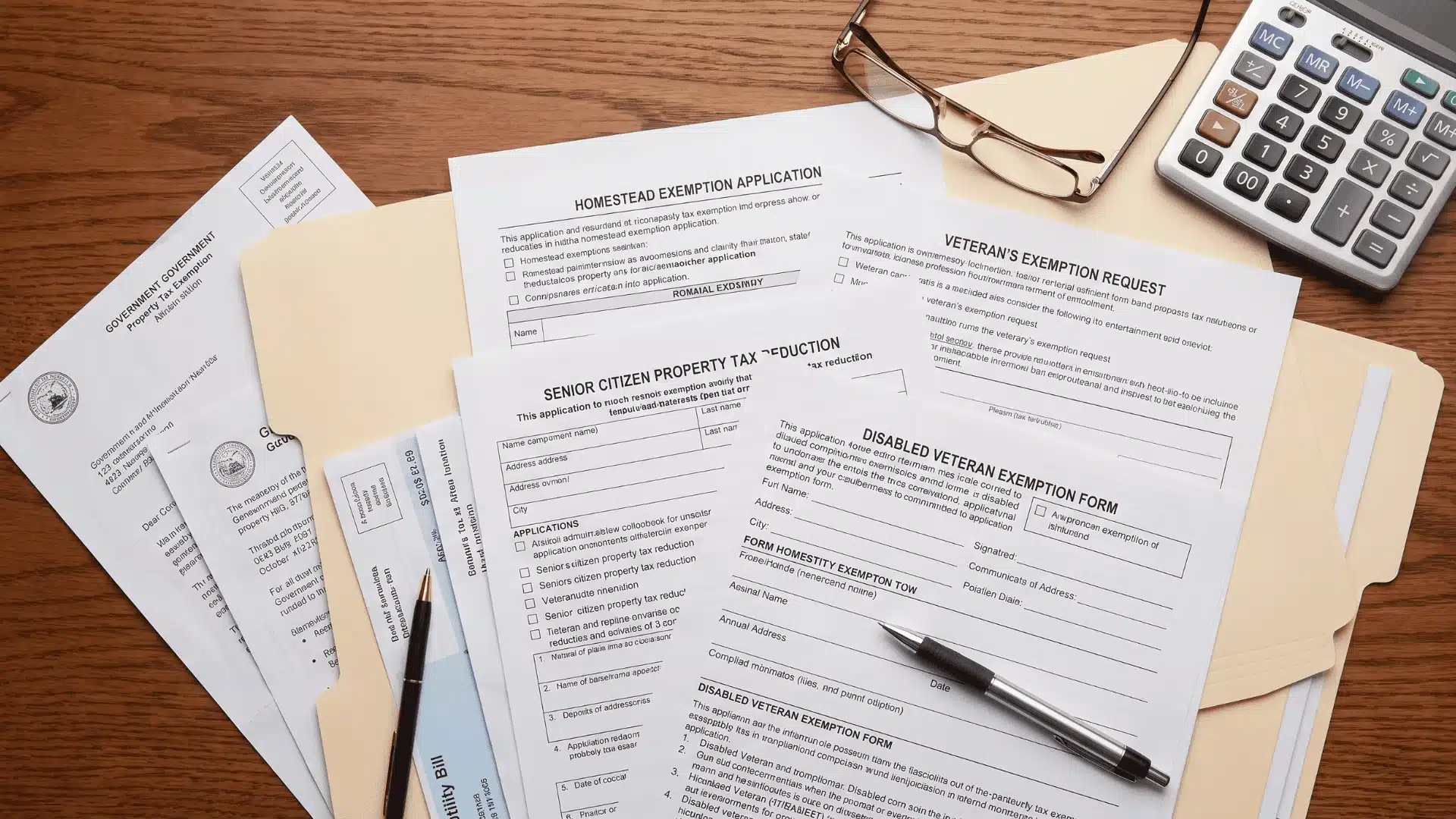 Property tax exemption forms and documents on a desk