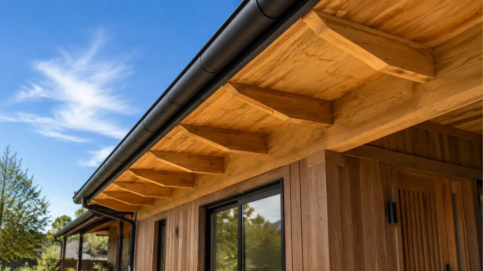 Exposed wooden rafter eaves extending from a modern home roof with timber siding and blue sky background.