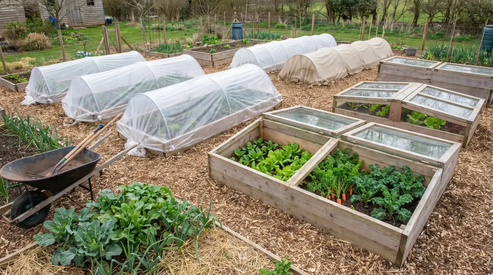 Raised vegetable garden with row covers protecting plants during cooler growing seasons.