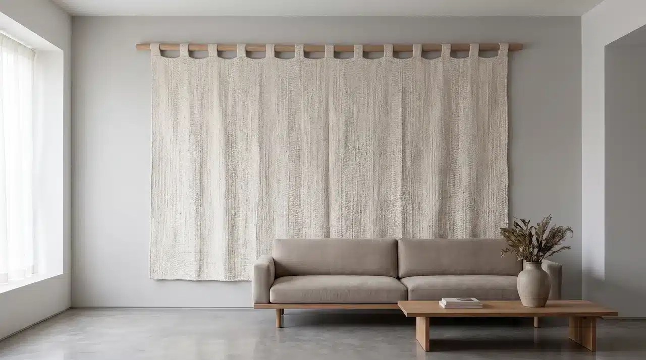 Living room with a large woven fabric wall hanging suspended from a timber dowel behind a sofa