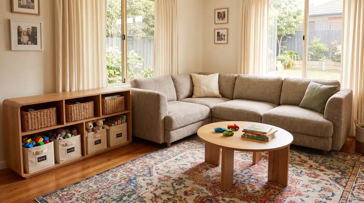 Family living room with toy storage beside sofa, play area, and organized cozy furniture layout.