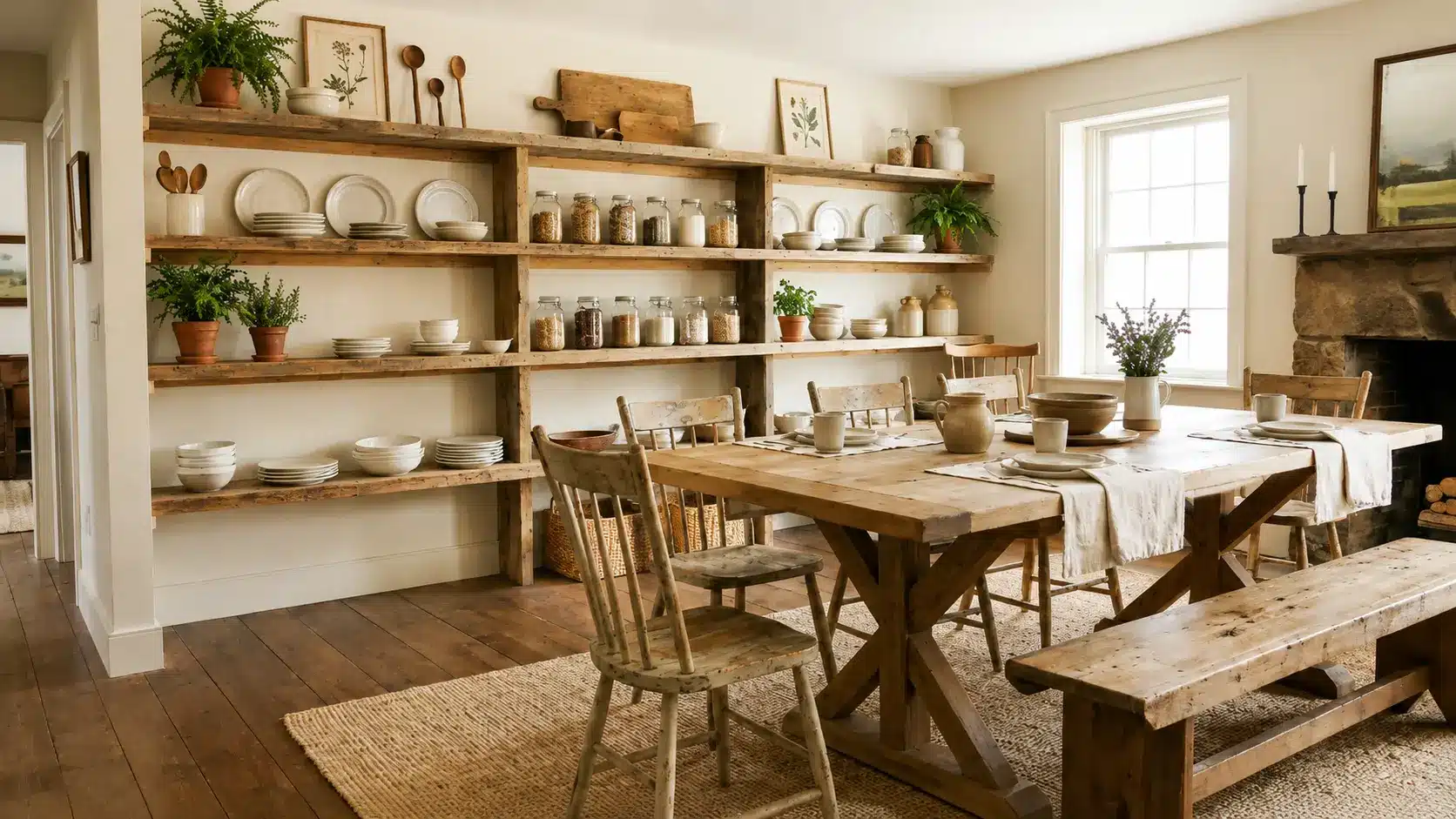 Open wooden shelves displaying farmhouse dishes and decor in dining room