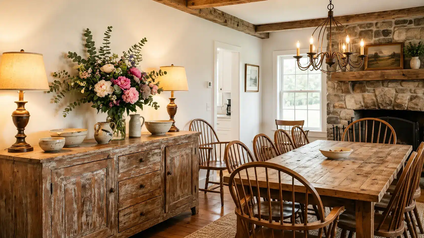 Wooden farmhouse sideboard with decor in a dining room