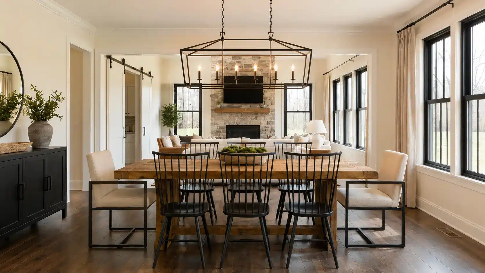 Farmhouse dining room with black metal lighting and wood furniture