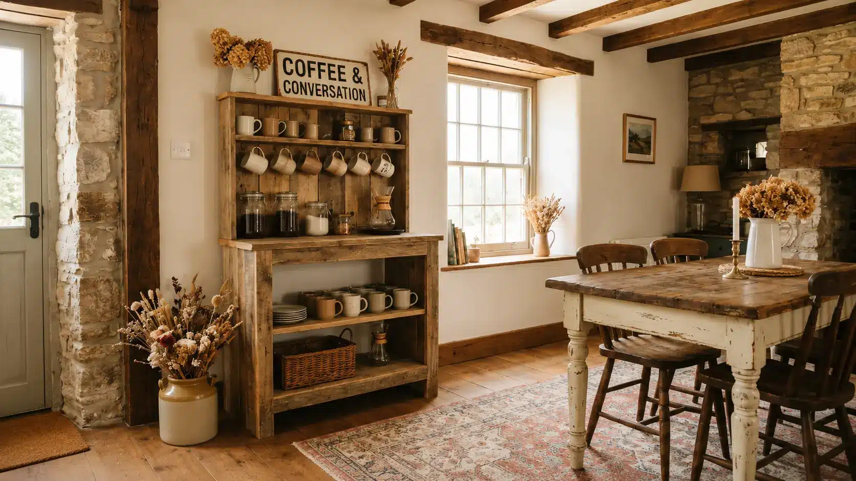 Small farmhouse coffee station with wooden storage and decor