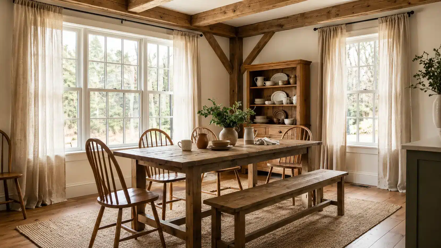 Farmhouse dining room with large windows and soft linen curtains