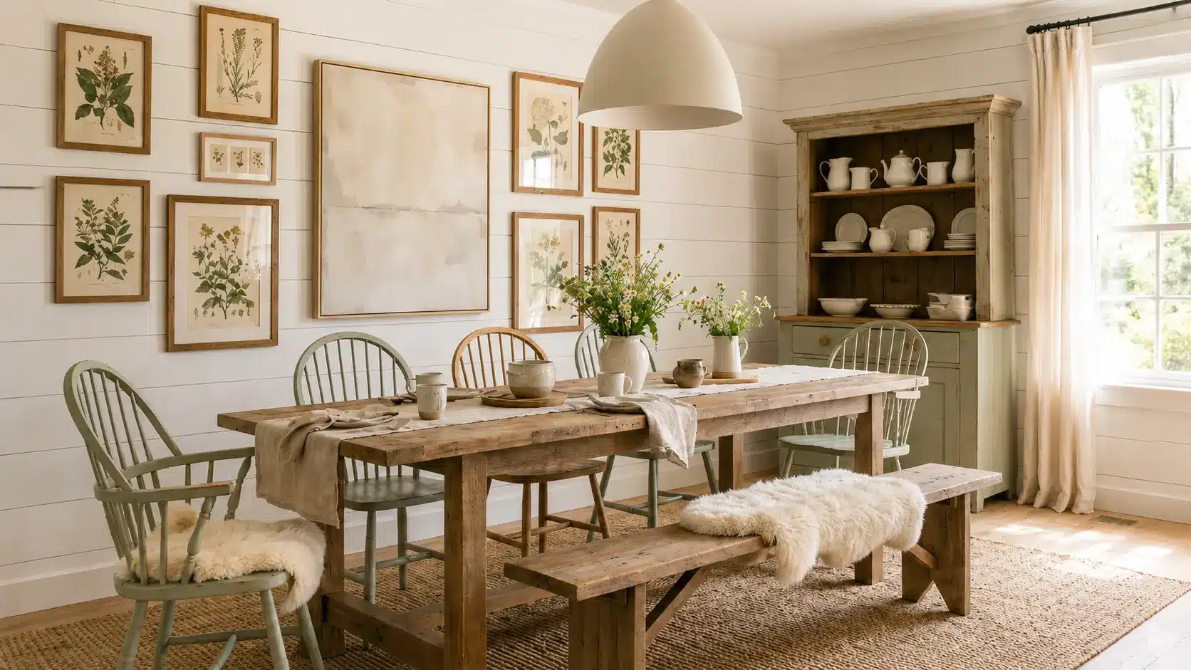 Farmhouse dining room with botanical artwork and neutral decor