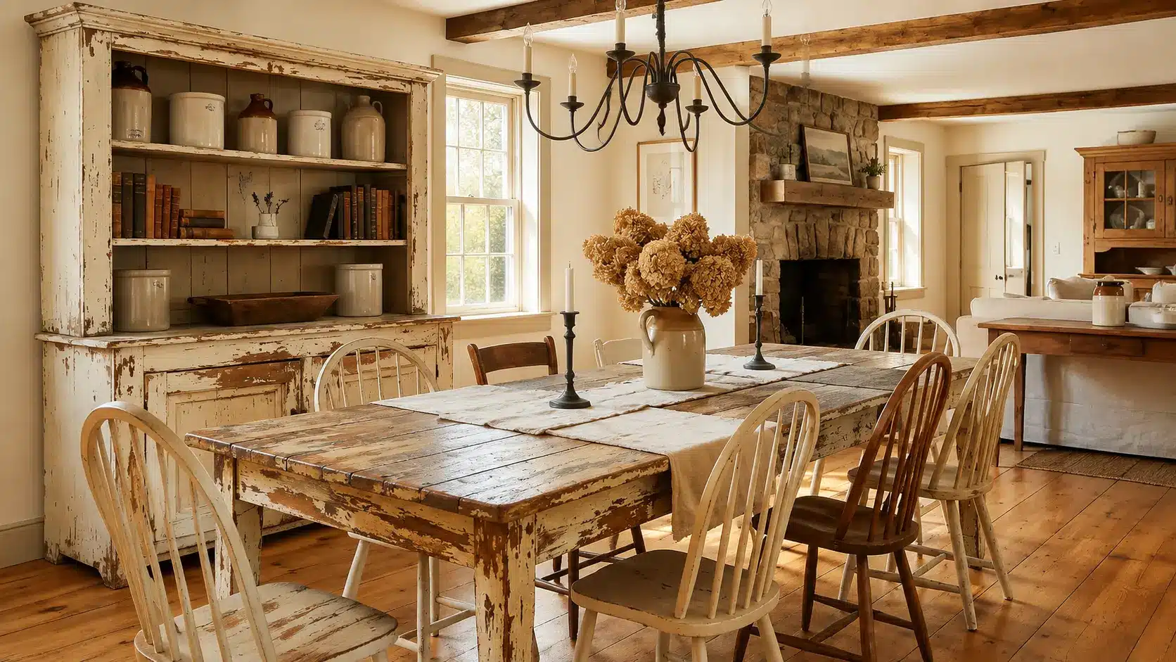 Farmhouse dining room with distressed wood furniture and rustic finishes