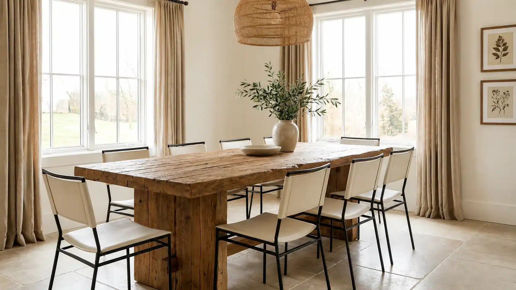 Rustic farmhouse table paired with modern dining chairs in a balanced interior