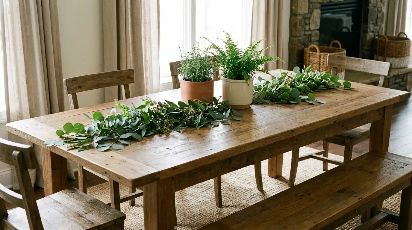 Farmhouse dining table decorated with fresh greenery and plants