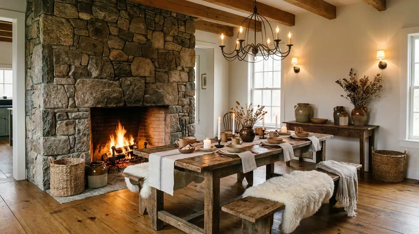 Farmhouse dining room with a stone fireplace feature wall