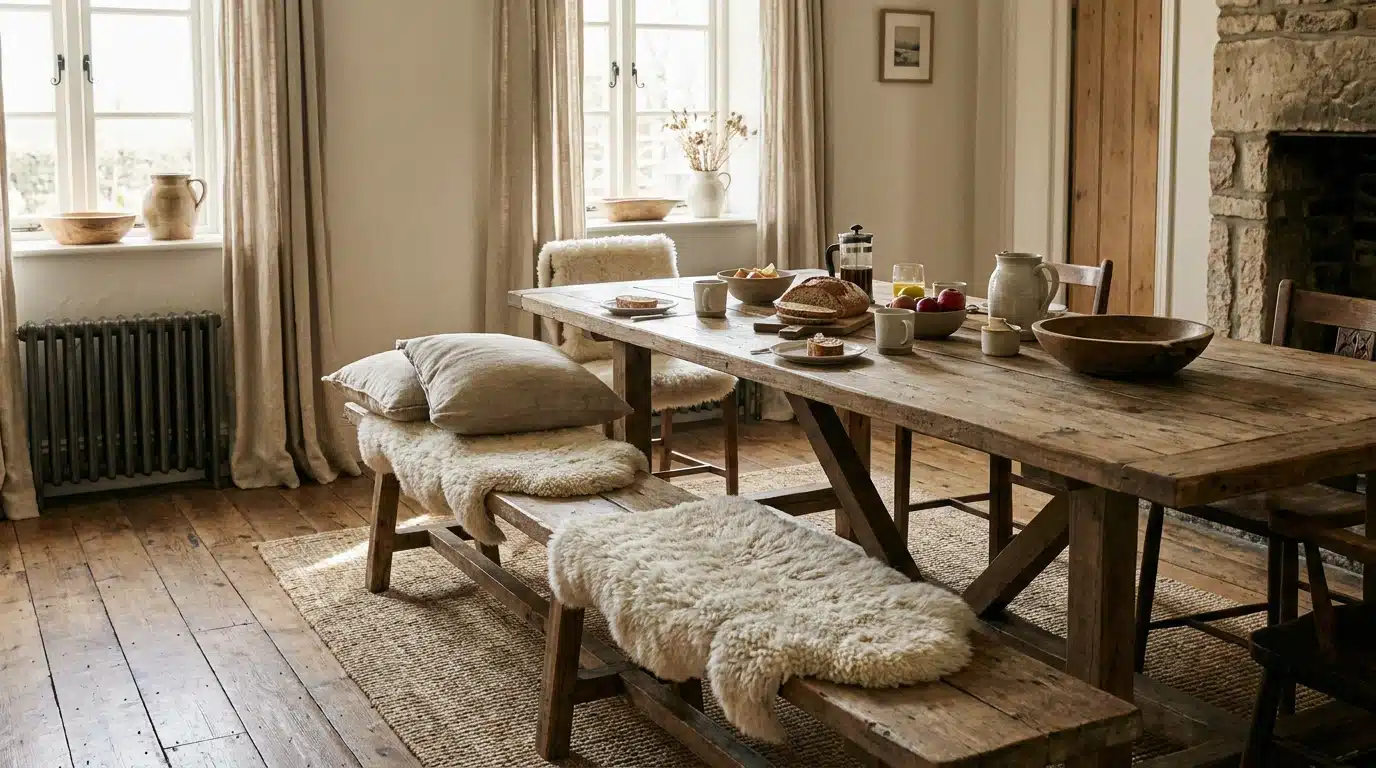 Farmhouse dining table with a wooden bench and comfortable cushions