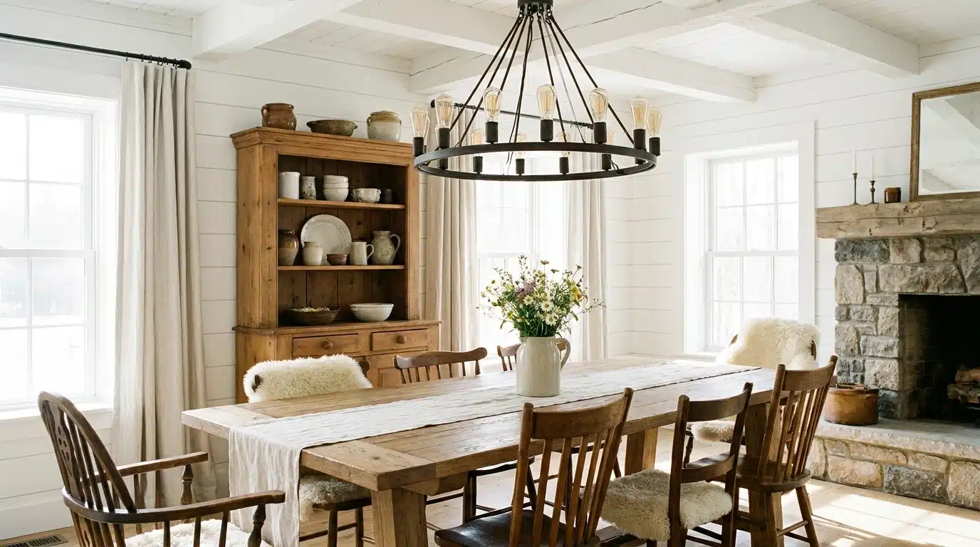 Farmhouse dining room with white walls and warm wood furniture