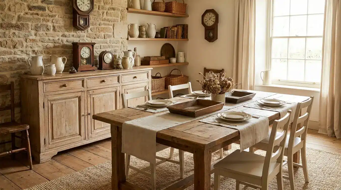 Farmhouse dining room with antique decor and vintage accessories