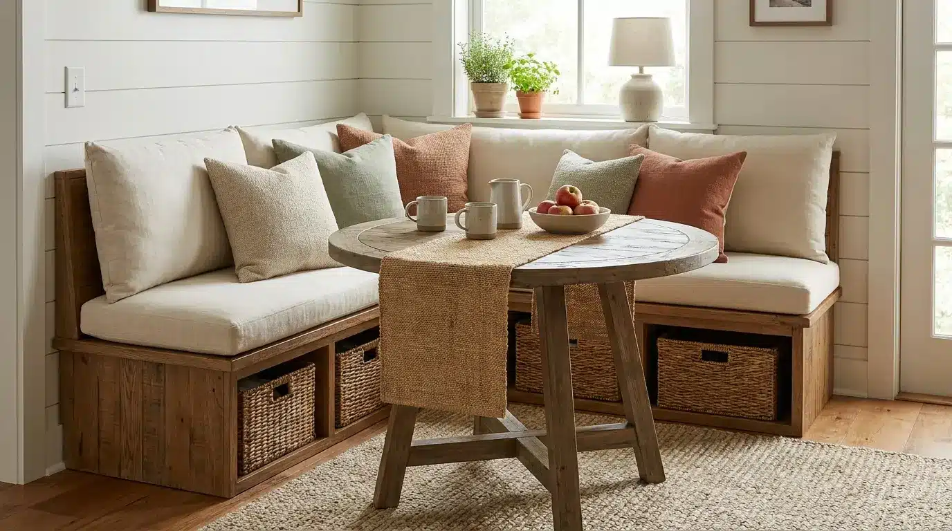 Small farmhouse dining nook with built-in bench seating