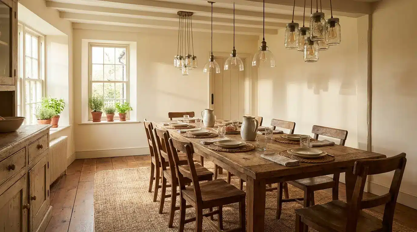 Farmhouse dining room with glass pendant lighting above table