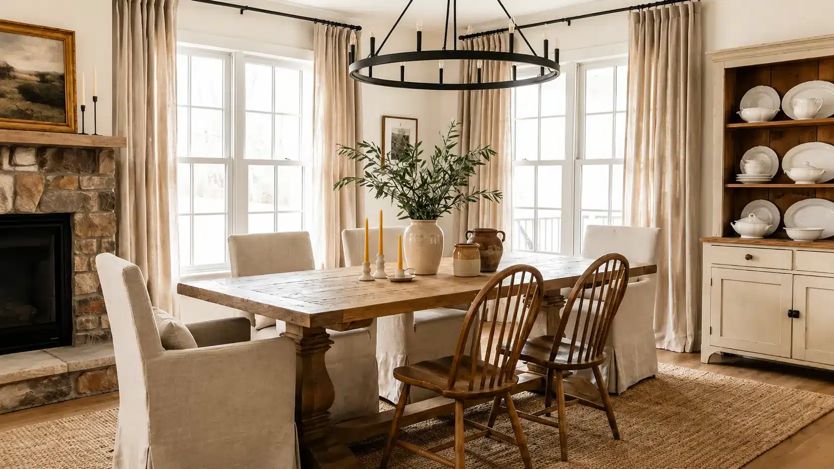 Farmhouse dining room with a reclaimed wood table showing natural grain and rustic character
