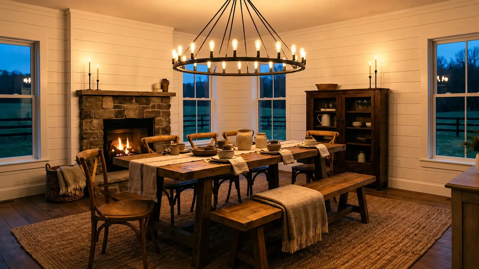 Farmhouse dining room featuring a large chandelier above a wooden table