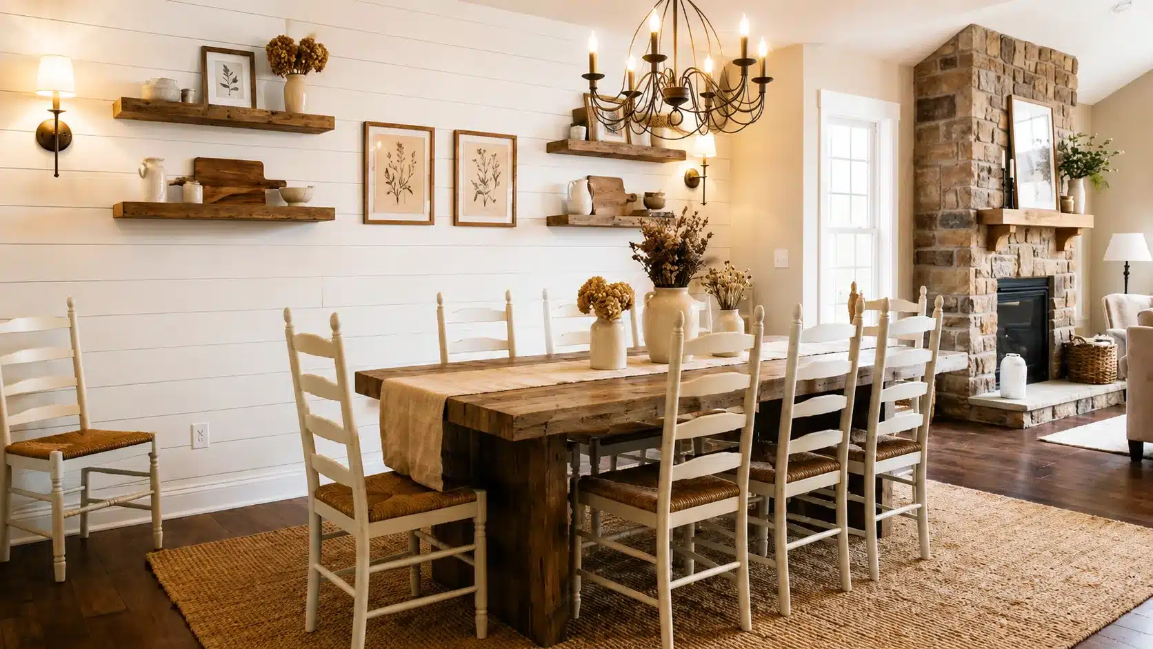 Farmhouse dining room with a shiplap wall behind the dining table