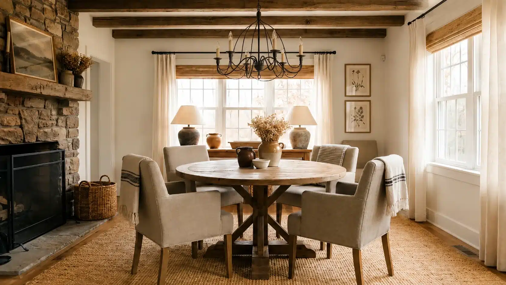 Small farmhouse dining room with a round wooden table and cozy seating