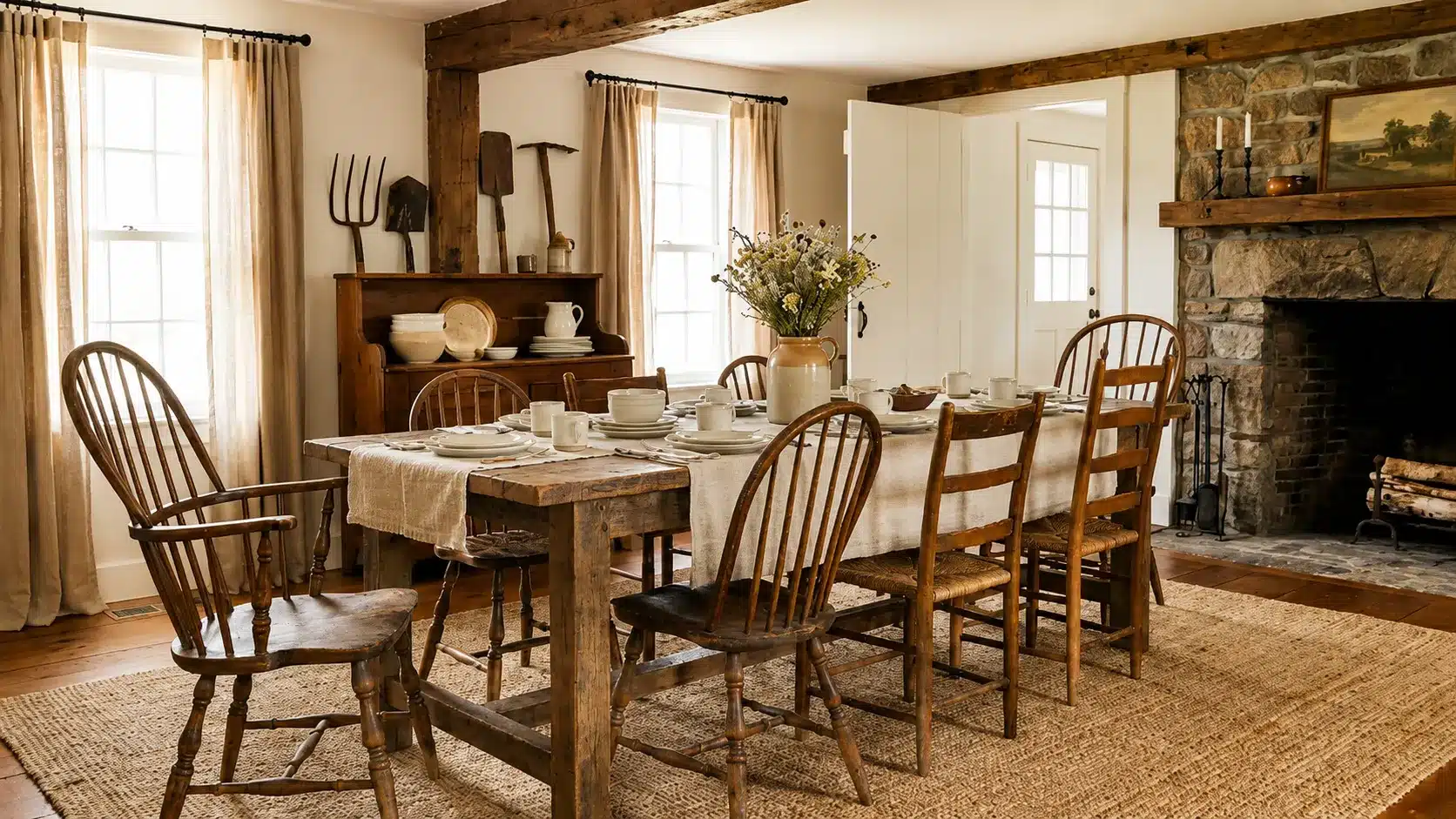 Farmhouse dining room with vintage wooden dining chairs