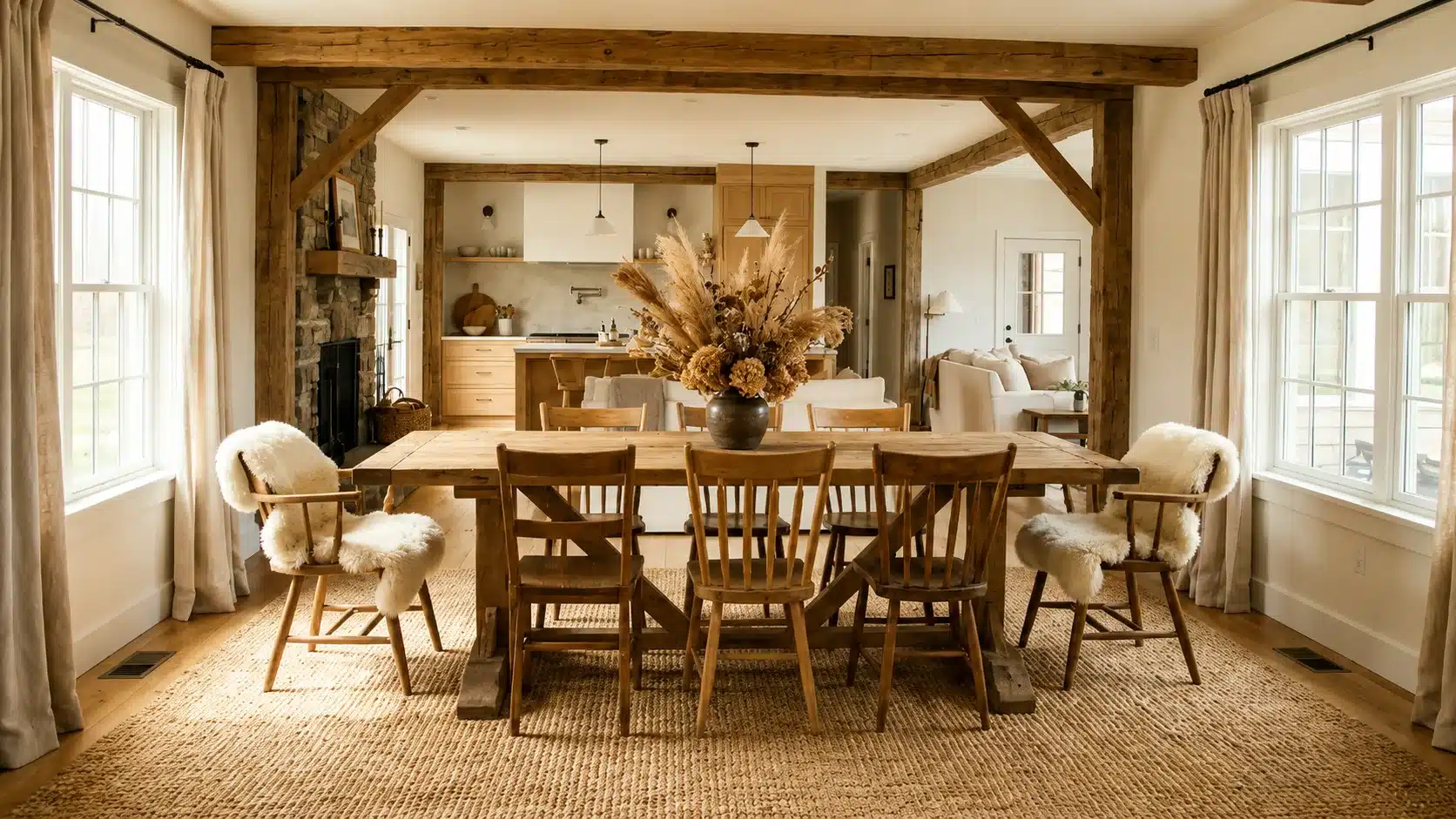Farmhouse dining table placed over a natural woven fiber rug