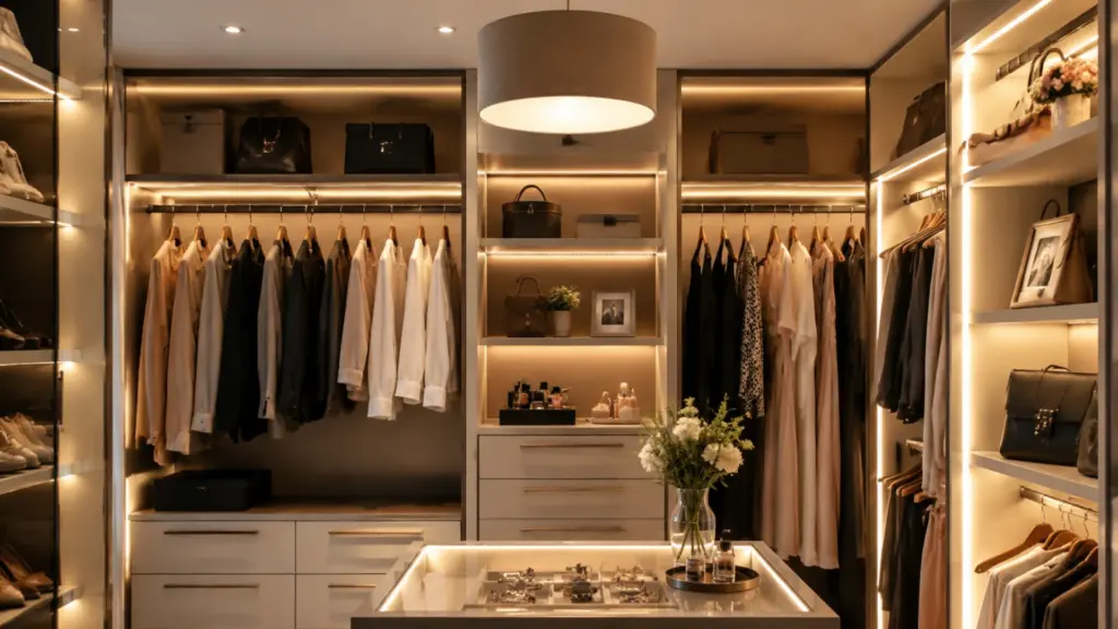 Modern walk-in closet with warm LED lighting, illuminated shelves, hanging clothes, drawers, and a central display island.