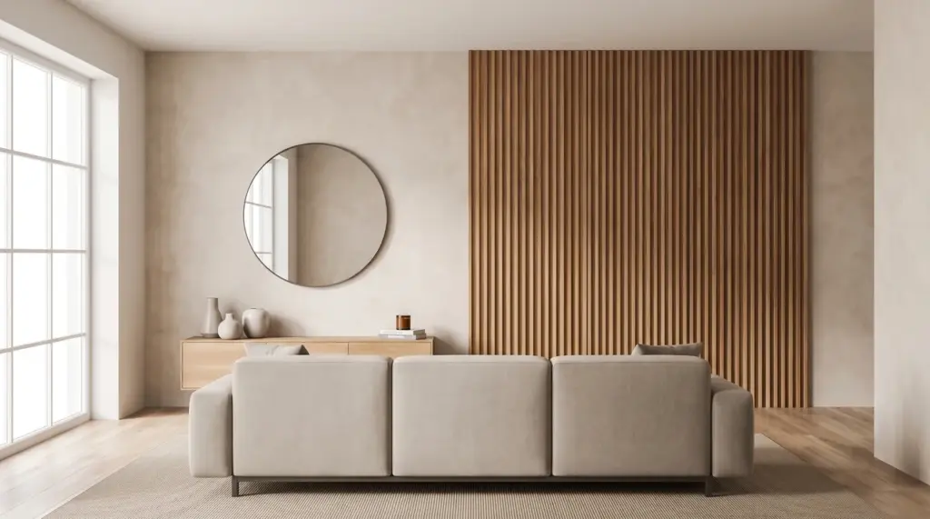A modern, minimalist living room with a beige sofa, a round wall mirror, and a vertical wood slat accent wall.