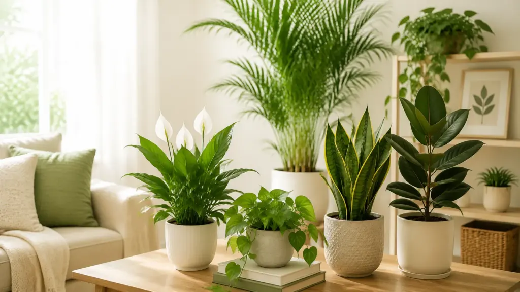 22 Plants That Clean The Air Naturally : The Complete Guide air-cleaning houseplants including peace lily, snake plant, rubber plant, and pothos displayed on a bright living room table with natural light